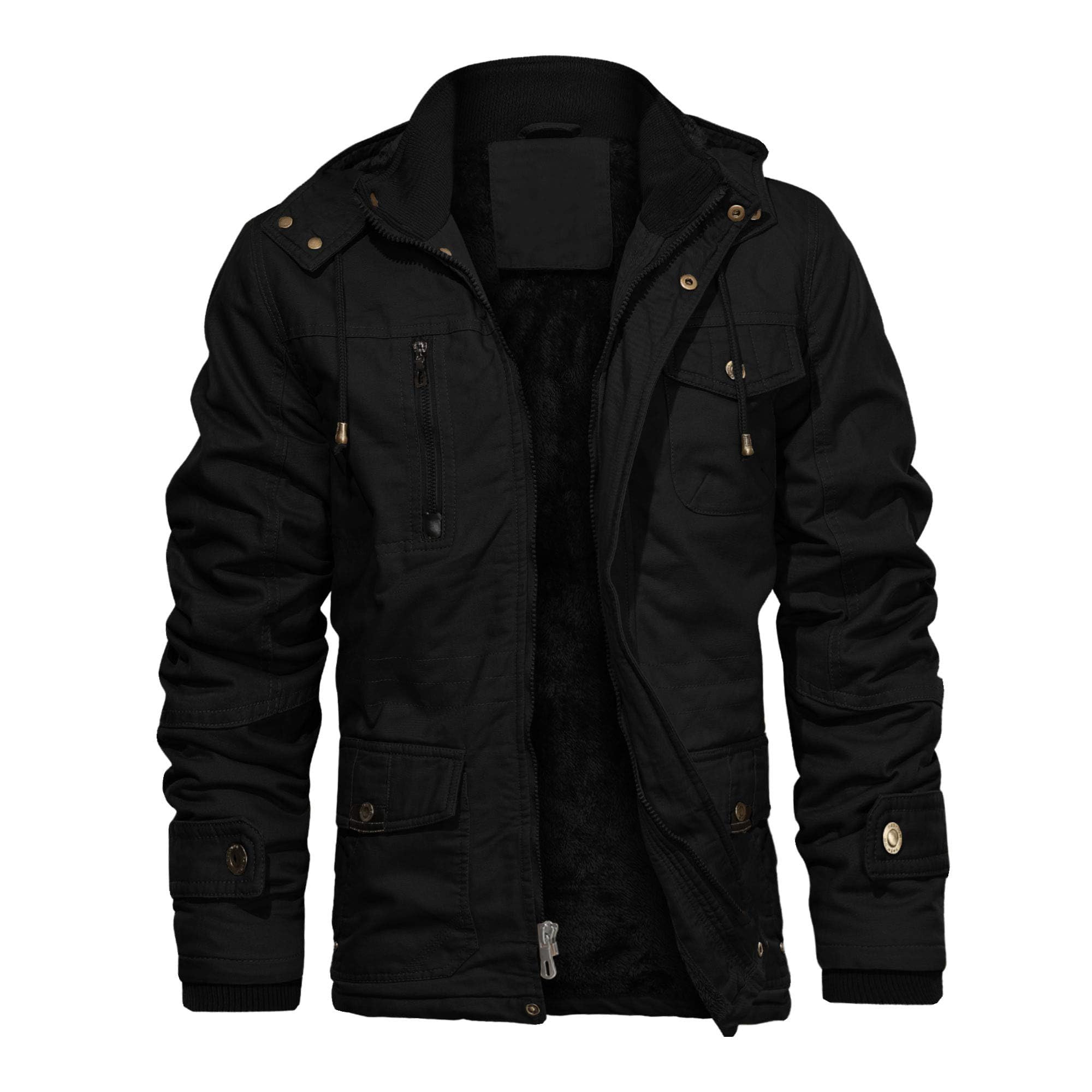 CHEXPEL Men's Thick Winter Jackets with Hood, Fleece Lining, Cotton Military Work Jackets with Cargo Pockets, Outwear